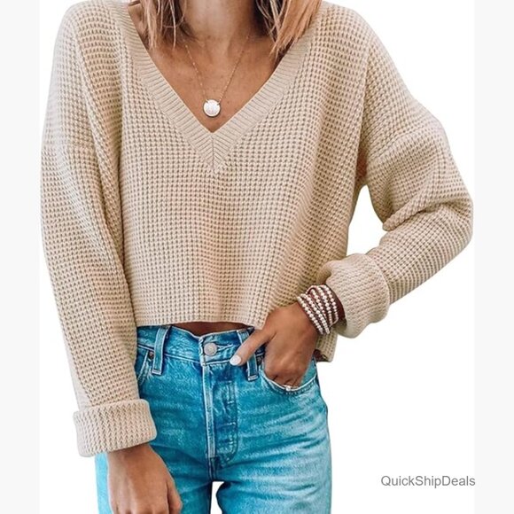 V Neck Waffle Knit Cropped Top Long Sleeve Pullover Sweater